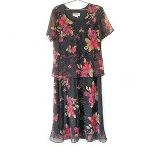 Vintage 90s Jessica Howard Black Floral Overlay Dress — Pink Glitter Midi —Sz 1X